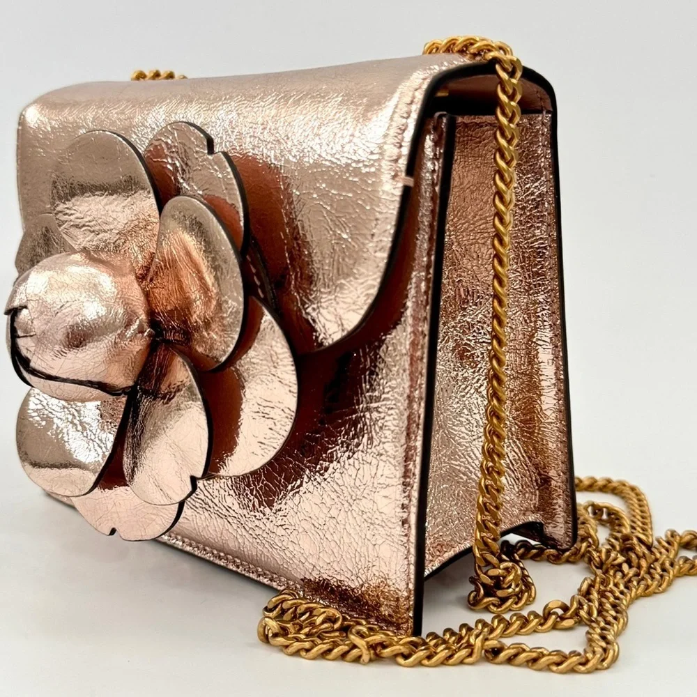 Oscar de la Renta Tro Rose Gold Metallic Crinkle Leather Mini Chain Shoulder Bag